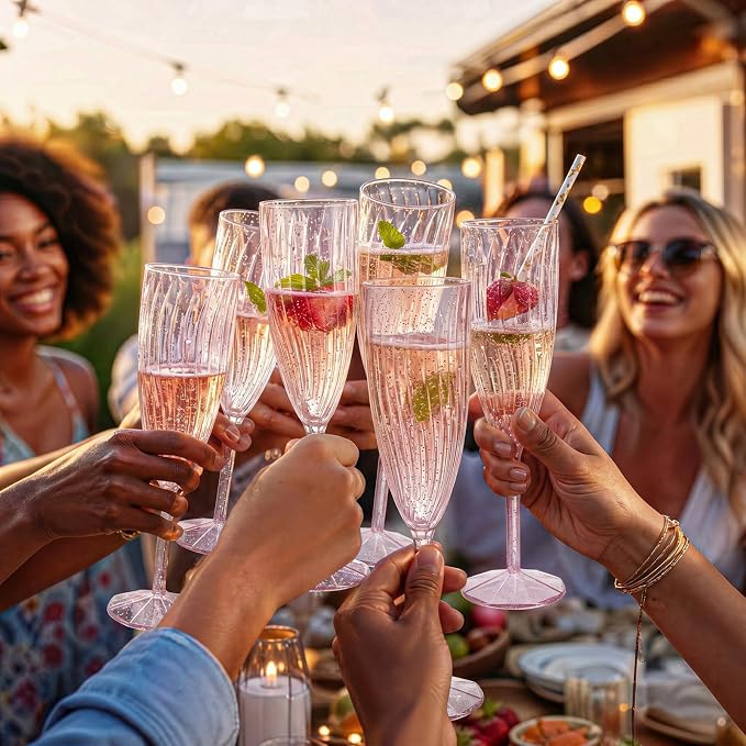WDF 36PCS Pink Champagne Flutes Plastic - 6 OZ Pink Glitter Disposable Champagne Flutes for Wedding/Birthday/Parties/Bridal Shower
