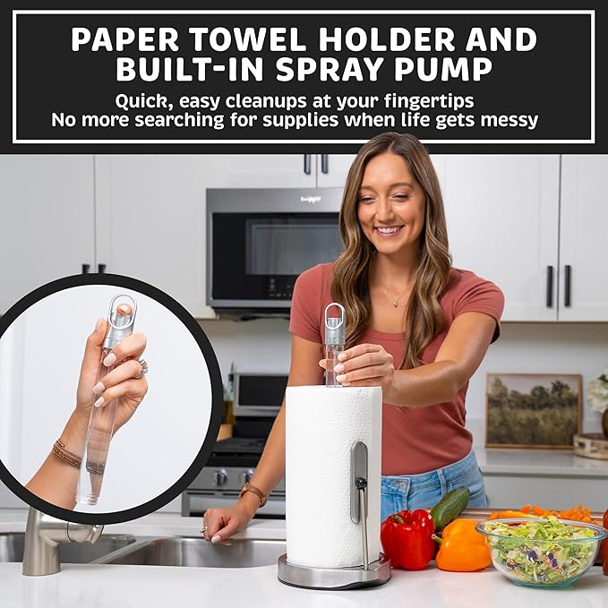 Stainless Steel Paper Towel Holder with Tension Arm and Spray Pump – One-Handed Tear, Smart Traction System, Heavy Duty Suction Cups, Weighted Base, Kitchen Towel Dispenser for Countertop Use (Silver)