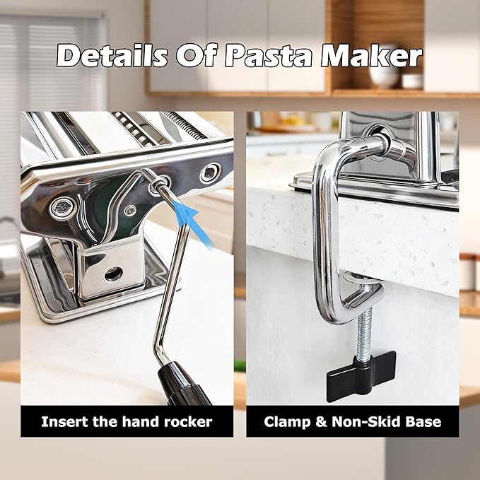 Pasta Maker Machine With 7 Adjustable Thickness Settings, Stainless Steel Manual Noodle Maker,Pasta Roller& Cutters With Removable Handle and Clamp For Kitchen (All-in-One -180)