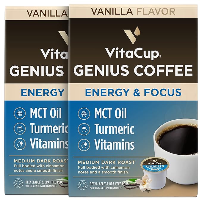 Genius Vanilla Keto Coffee Pods by VitaCup w/MCT Oil, Turmeric, B Vitamins, & D3 for Energy & Focus in Single Serve Pod Compatible with K-Cup Brewers Including Keurig 2.0, 32 CT