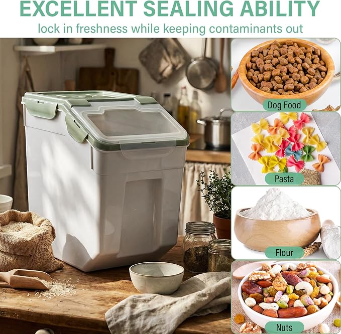 Sunnyray 2 Pcs 55 lbs Grain Rice Storage Container Flour Bin with Wheels Cup Leak Proof Pet Food Storage Boxes Seal Locking Lid Plastic Rice Containers Set for Cereal Flour Cat Dog Food (Green)