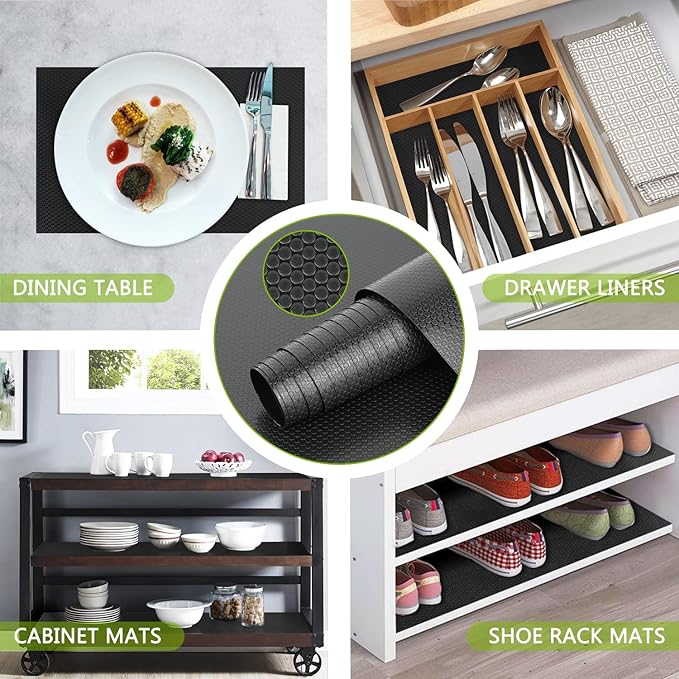 HooTown Shelf Liner Kitchen Cabinet Drawer Mats 17.5 Inch Wide x 6.5 Feet Long, Non Skid EVA Plastic Washable Oil Proof Pad for RV Drawer, Dish Plate Slippery Protection, Black