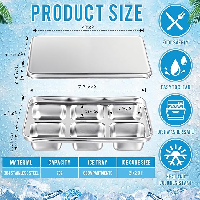 Domensi 2 Pack Stainless Steel Ice Cube Trays for Freezer Metal Ice Cube Trays with Lid Easy Release Molds Durable and Dishwasher Safe for Bars Kitchens Cocktail Freezer Whiskey