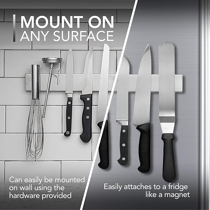 Modern Innovations 10 Inch Magnetic Knife Holder for Refrigerator, Magnetic Knife Holders for Fridge or Kitchen Wall No Drilling, Magnet Strips for Knives & Metal Utensils, Tool Rack, Stainless Steel