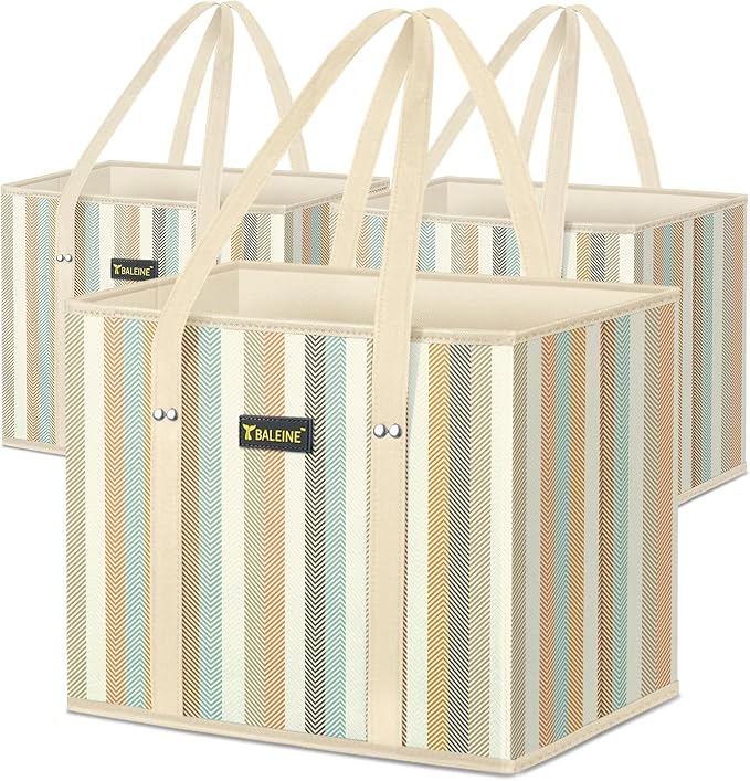 BALEINE 3Pk Reusable Grocery Bags, Foldable Shopping Bags for Groceries with Reinforced Bottom & Handles (Color Stripe)