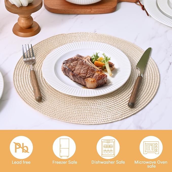 Embossed Ceramic Dinnerware Set for 4 - Arctic White Plates & Bowls Set 12 Pieces - Microwave & Dishwasher Safe Porcelain Chip Resistant Handmade Dishware Set Kitchen Gift, Vertical Stripe