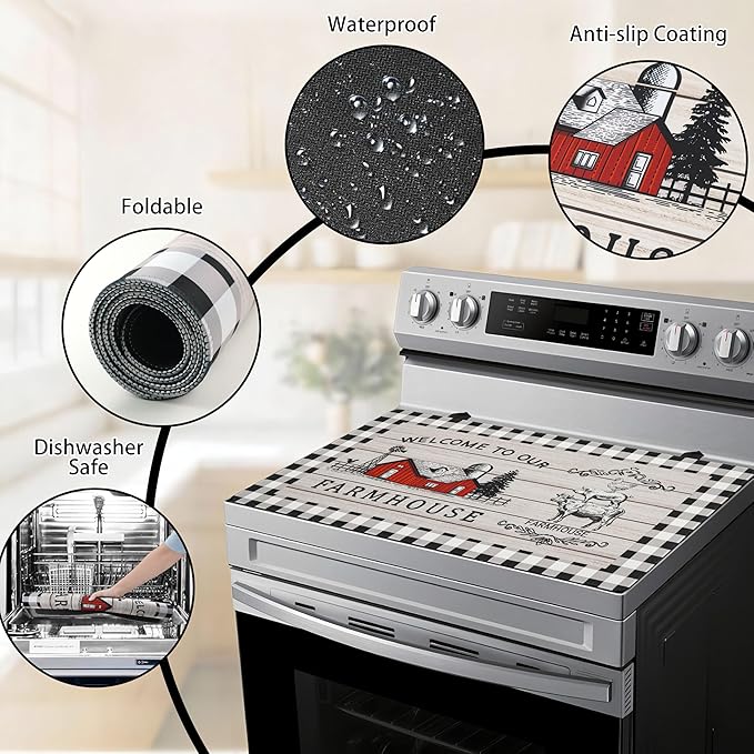 Farmhouse Stove Top Covers for Electric Stove 20x28 Inch Farmhouse Heat Resistant Glass Top Stove Cover Washable Foldable Cooktop Protector