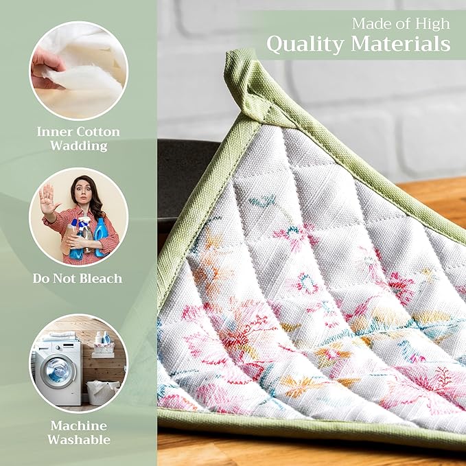 Maison d' Hermine Pot Holders 100% Cotton Heat Resistant Potholders 8" x 8" Hot Pads with Loop BBQ Cooking Baking Gifts for Mothers Day Handling Hot Pans Spring/Summer(Pack of 2, Paradise Island)