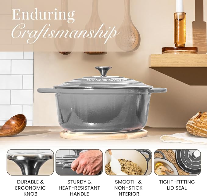 Cast Iron Dutch Oven with Lid - Non-Stick Ovenproof Enamelled Casserole Pot - Sturdy Dutch Oven Cookware - Grey, 3.1- Quart, 22cm- by Nuovva