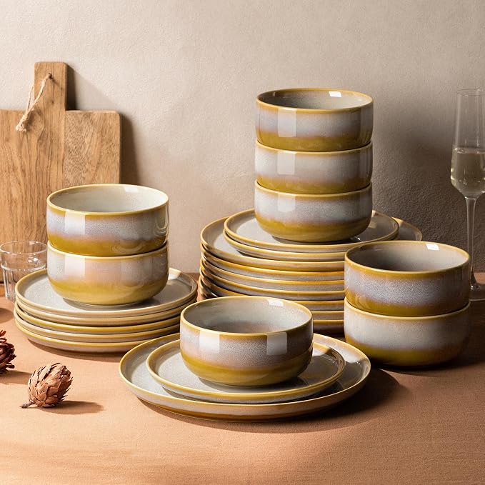 TheTerra Ceramic Dinnerware Sets for 8, 24 Pieces Handmade Reactive Glaze Plates and Bowls Set, Scratch Resistant Dish Set, Oven & Microwave & Dishwasher Safe, Autumn Haze