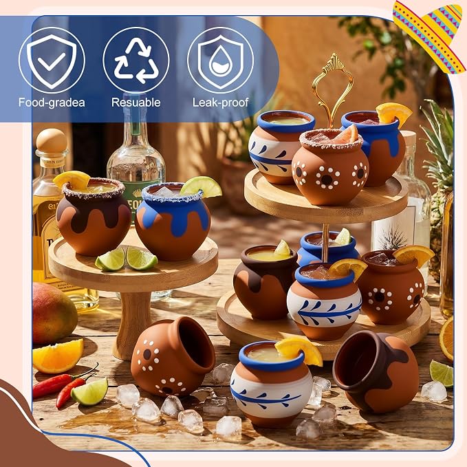 Gejoy 12 Pcs 3oz Cantaritos De Barro Shot Mini Clay Cups Jarritos De Barro Mexicanos Taco Cocktail Glasses for Tequila, Margaritas, Mojitos, Mojitos Cold Hot Drinks (Elegant)