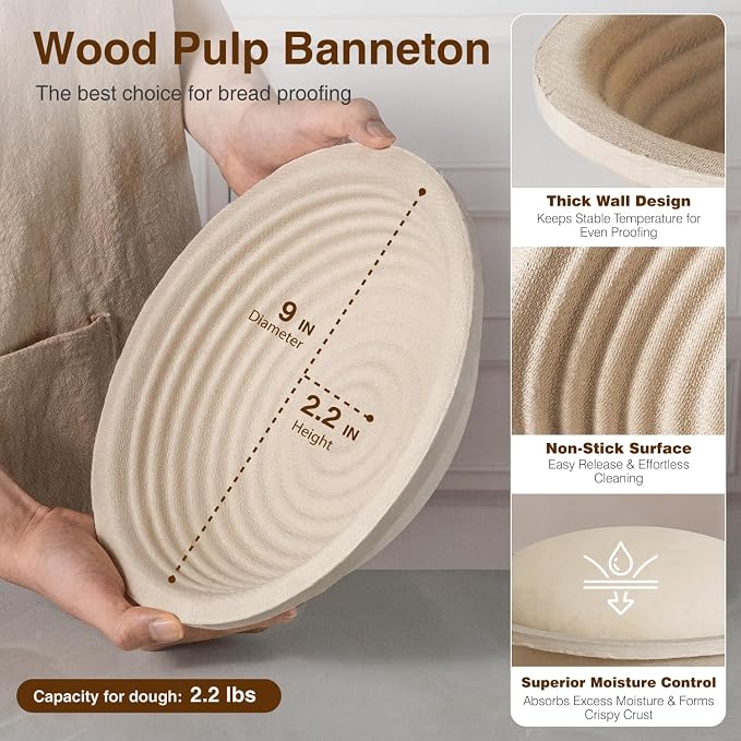 BAVIFY Sourdough Starter Kit, Banneton Bread Proofing Baskets Set | 2-Pack 9 in Round Wood Pulp Banneton, 2.2 lb Capacity, Superior Moisture Control, Easy Release, Thick Walls Design