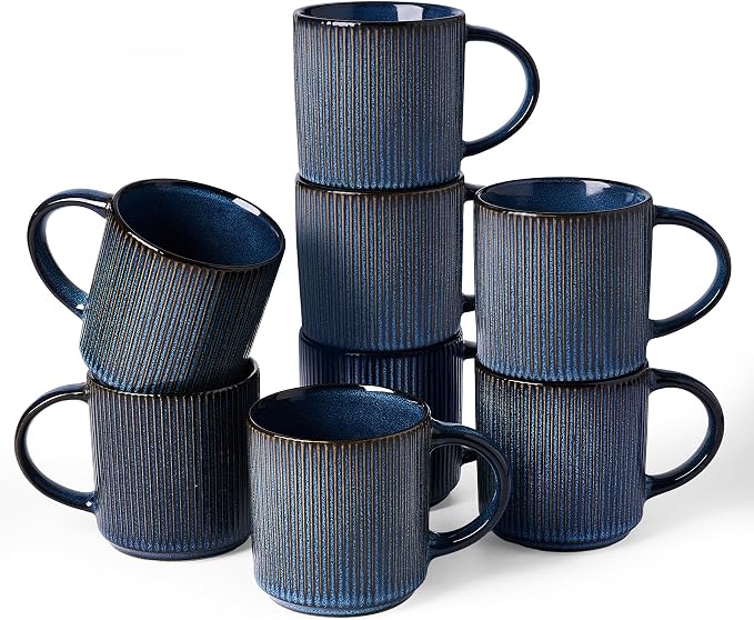 famiware Coffee Mug Set for 8, Star 12 oz Catering Mugs Cup Set with Handle for Coffee, Tea, Cocoa, Milk - Ceramic Stoneware Drinkware Set, Nebulas Blue