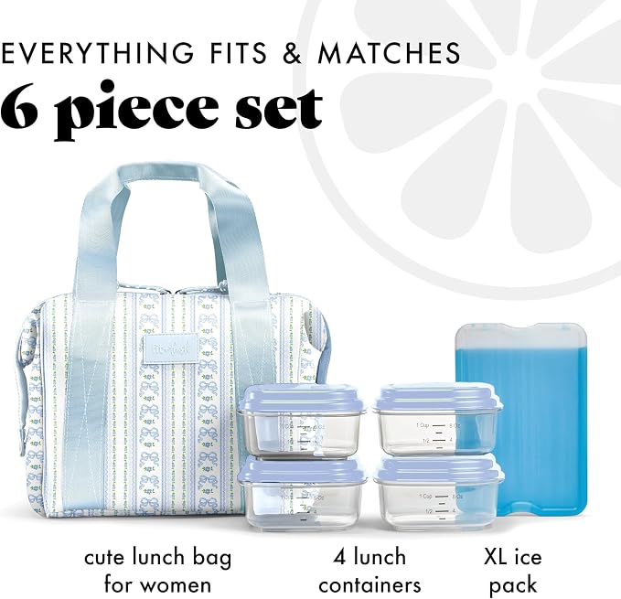 Fit & Fresh Remi Lunch Bag for Women Work – Neoprene Lunch Tote with Containers & Ice Pack, Reusable Meal Prep Lunch Box, Large Capacity, Machine Washable, Blue Wallpaper Bows