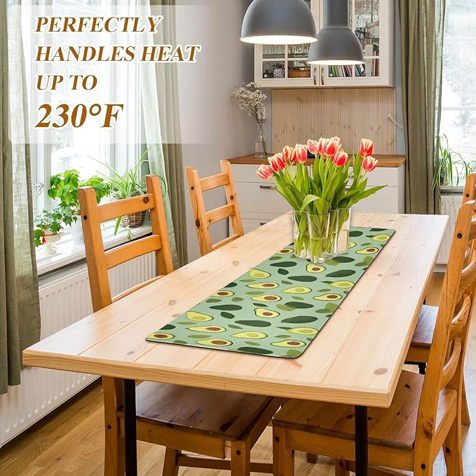 2-in-1 Table Runner Trivet for Hot Dishes Heat Resistant Hot Plate Mat Pad 39x12 Inch Waterproof Table Protector Trivets for Countertop Non Slip Decorative Green Cute Avocado and Leaves