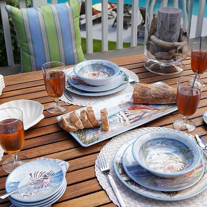 Seacoast Melamine 12 Piece Dinnerware Set – Coastal Beach-Themed Plates and Bowls, Service for 4 with Shell and Ocean Art, Break-Resistant BPA-Free Reusable Dinnerware, Dishwasher Safe Indoor/Outdoor