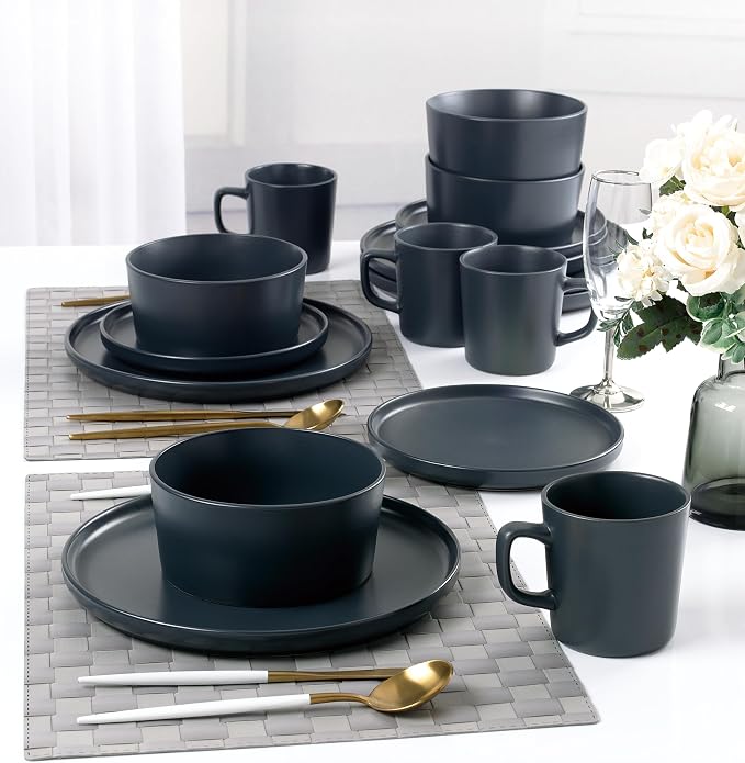 Lorren Home Trends Gray Stoneware Dinnerware Set, 16 Piece, Service for 4, Microwave and Dishwasher Safe