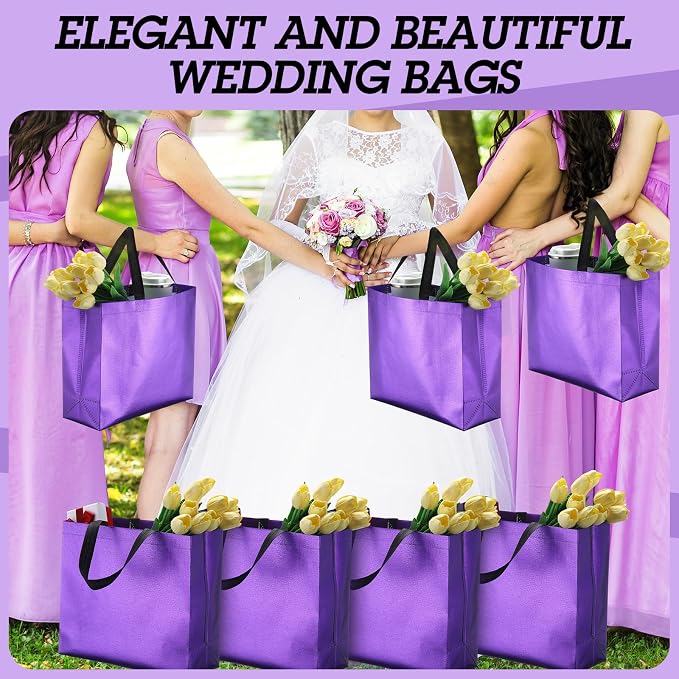 Eccliy Reusable Gift Bags Set Glossy Grocery Gift Tote Bag with Handle for Wedding, Bridal Shower, 4th of July, Summer Event(12 x 11 x 4.7 I Inch,Purple,80 Pcs)