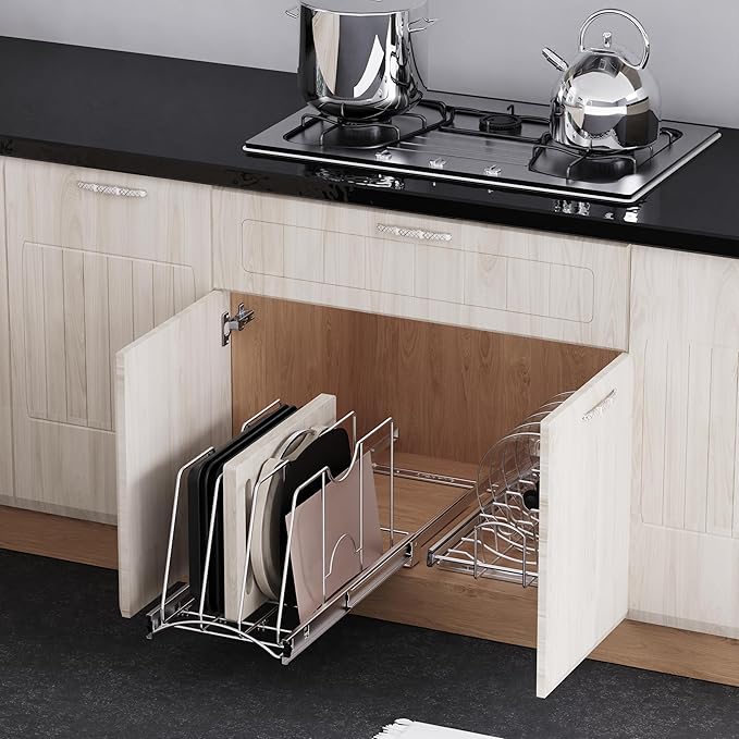 Pull Out Cookie Sheet Organizer for Cabinet, Pan and Pot, Cutting Board, Bakeware, Tray Organizer Rack, Sliding Rack- Heavy Duty, Adjustable Divider Width, 10" W x 22" D x 11" H, Chrome