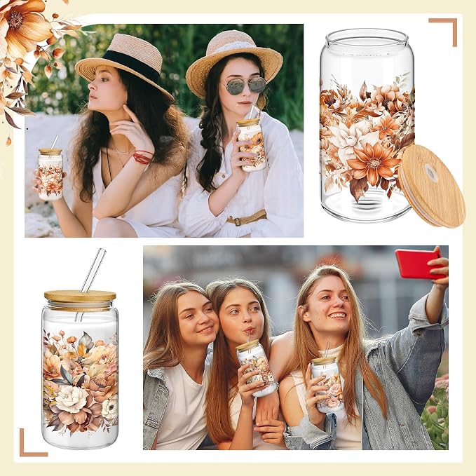 Mumufy 4 Pack Wildflower Glass Cups Gift Aesthetic Cute Glass Cup Tumbler Flower Iced Coffee Mugs 16 oz with Bamboo Lid & Straw, for Wedding Birthday Bridesmaid Mom Baby Shower