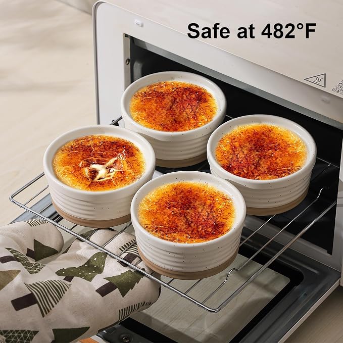Frewinky Ceramic Ramekins 6 oz Set of 6, Creme Brulee Cups and Sauce Bowls | 6 oz ceramic ramekins for creme brulee, custard, dipping sauces and condiments, with an oven-safe, stackable design.
