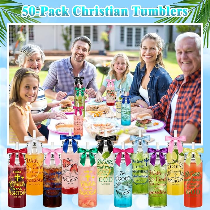 50 Pack Christian Gifts for Women Bulk, 17oz Bible Verse Plastic Cups with Lids, Straws and Satin Bows, Religious Inspirational Tumblers for Mom/Teacher, Church Baptism VBS Party Favors