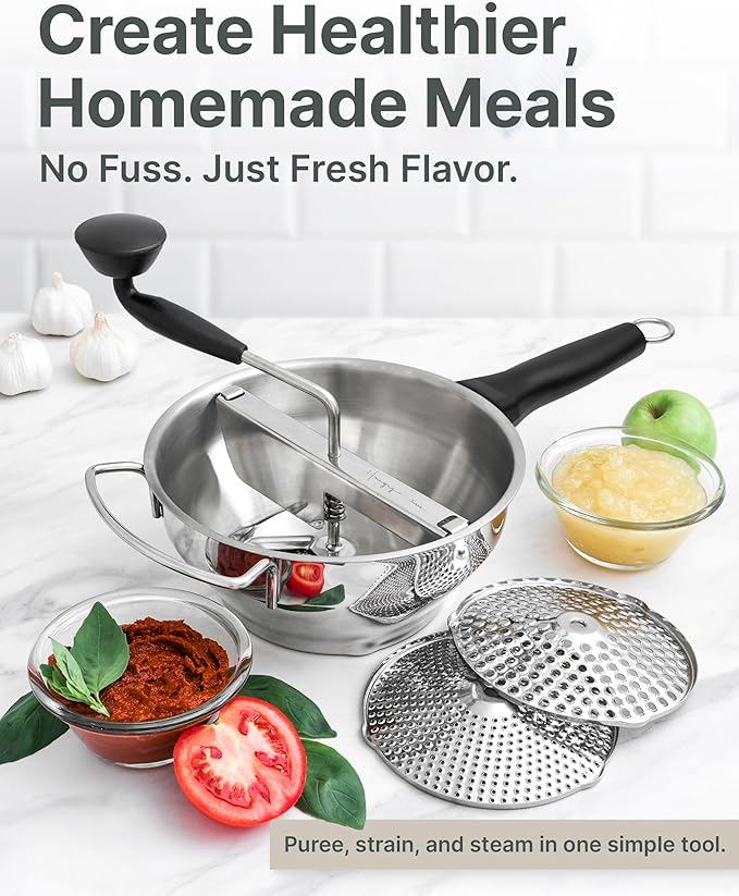 Compact Stainless Steel Food Mill with 3 Discs – Ergonomic Rotary Hand Crank with Removable Handles for Tomato Sauce, Applesauce, Baby Food, Mashed Potatoes & Puree