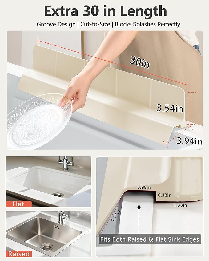 Kitchen Sink Splash Guard 18" 23" 30" Self-Draining Silicone Water Guard with High Splash Wall & Strong Suction Cups for Faucet, Countertop & Sink Edge, Keeps Sinks Dry, Dishwasher Safe,Cream