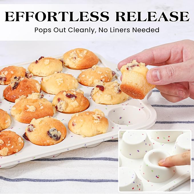 1 Pc Mini Muffin Pan with Metal Reinforced Frame, 24 Cups Nonstick Silicone Cupcake Tray for Baking, Food Grade Small Muffin Molds with Handles (Cream)