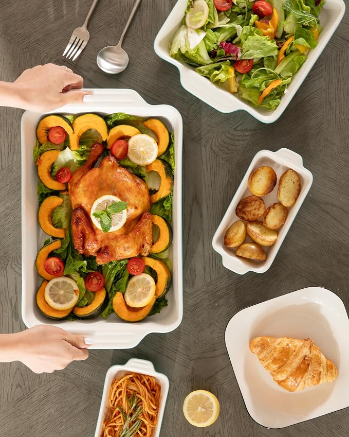 Sweejar Ceramic Bakeware Set of 4, Casserole Dishes for Oven, Rectangular Baking Dish with Handles, Lasagna Pans Deep for Cooking, Gratin, Roasting, Banquet and Daily Use (White)