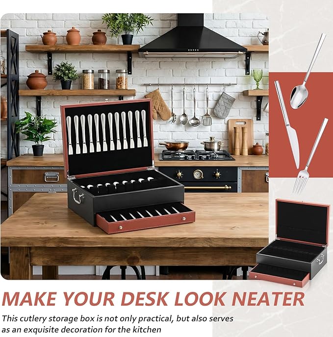 DoubleFill 2 Layer Leather Silverware Storage Box with Lid and Handles, Anti Tarnish Silverware Storage Chest Case with Felt-lined for 12-16 or More Sets of Utensils Flatware Gifts, 15.3x11.2x5.7 Inch