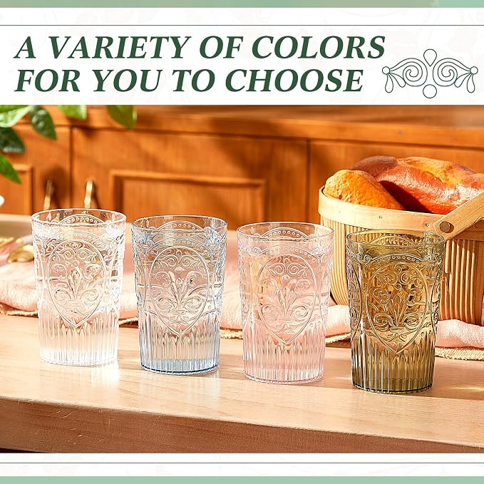 24 Pcs 16 oz Plastic Vintage Drinking Glasses Stemless Ribbed Highball Glasses Bulk Embossed Reusable Cup for Water Beer Cocktails Juice Wedding Bridal Shower Birthday Event Party (Pink)