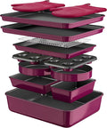 Wildone 13-Piece Baking Pans Set Nonstick - Stackable Bakeware Sets Including Cookie Sheets for Baking, Rack, Muffin Pan, Cake pan, Loaf Pan, Roasting Pan, Heavy Duty & Easy Clean, Plum