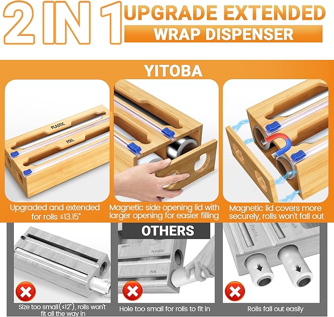 6 In 1 Bag Storage Organizer with Foil and Plastic Wrap Organizer, Extended Aluminum Foil Dispenser, Bamboo Baggie Organizer for Drawer, Sandwich Bag Organizer for Gallon, Quart, Snack