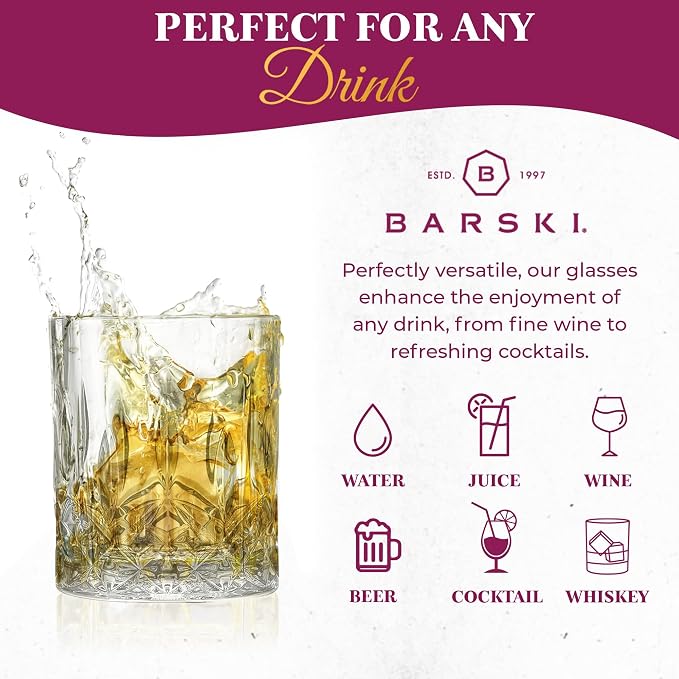 Barski Whiskey Glasses - Double Old Fashioned Rocks Glass - Set of 2 Lowball Tumbler - DOF Crystal Glass Tumblers - For Scotch - Bourbon - Water - Beverage - Drinking Glasses - 10.5 oz, Made in Europe