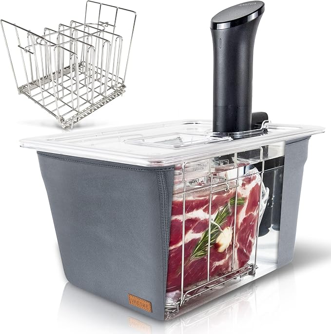 VÄESKE Insulated Sous Vide Container with Lid and Rack | Neoprene Retains Heat & Protects Countertops | Works with Most Sous Vide Cookers (12 QT)