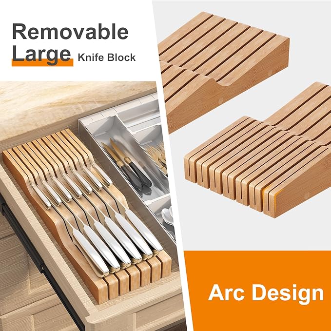 In-Drawer Knife Block Organizer - Bamboo Wood Drawer Knife Organizer-Protecting Knife Organizer Block (Not Included) (Natural, 13 Knives Dock)