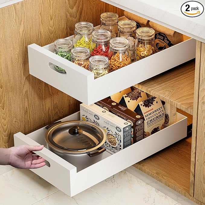 HBL' 2 Pack | 21" Deep Pull Out Cabinet Organizer Adhesive, 12-Inch Wide Sturdy Carbon Steel Roll-Out Drawers, Designed for Frameless Cabinets, Slide-Out Shelves for Pantry.