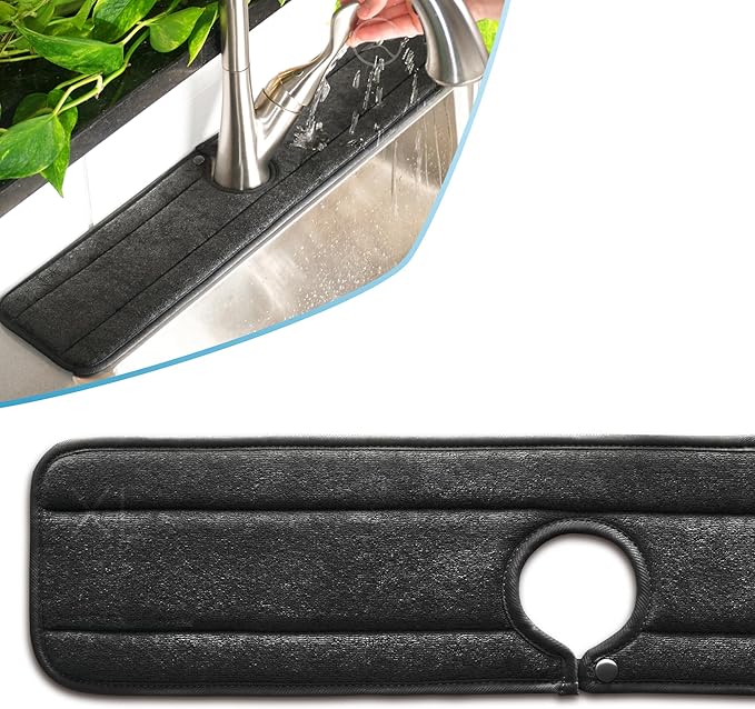 Ternal Original SINKMAT 24in XL Faucet Splash Guard Extra Long Microfiber Sink Drip Catcher Mat Non Slip Countertop Protector Drying Pad Kitchen Bathroom RV Machine Washable [Black]