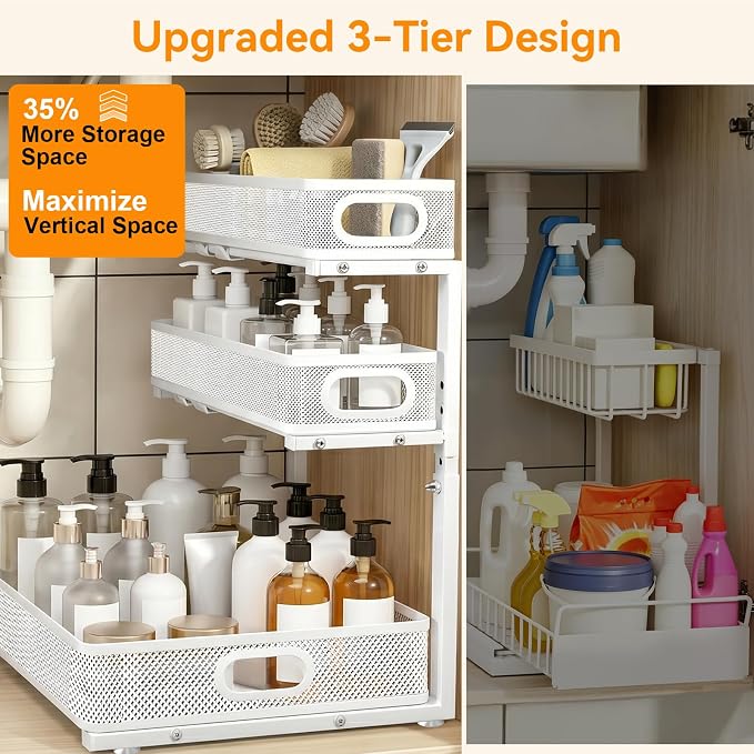 Under Sink Organizer for Bathroom, 3 Tier Adjustable Height Under Sink Storage, Sliding Pull Out Cabinet Organizer Shelf, Metal Multi-Purpose Cabinet Organizer for Kitchen (2 Pack, White)