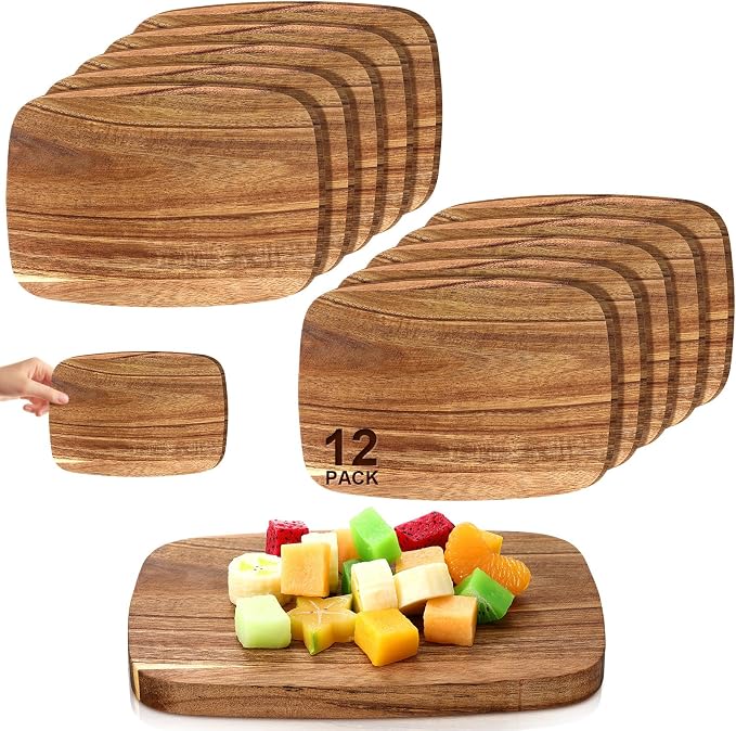 GlikCeil 12 Pcs Thick Acacia Wood Cutting Boards for Kitchen Reversible Wooden Chopping Board Set Double Sided Charcuterie Boards for Meat Cheese Meal Supplies(7.87 x 5.51 Inch)