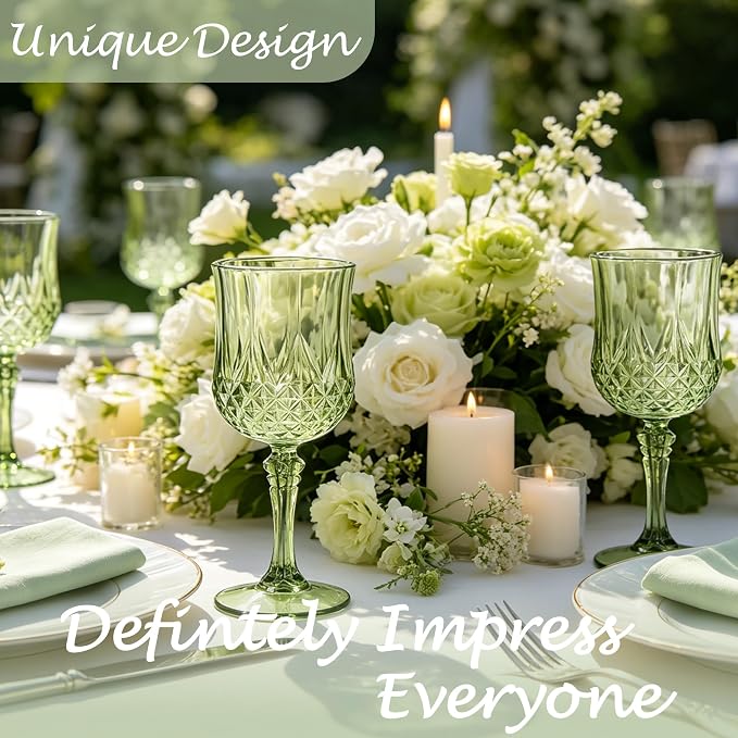 Plastic Wine Glasses, Plastic Goblets Vintage Style Cordial Unbreakable Drinking Glasses, Reusable Drinkware for Wedding Reception, Grand Event Party Supplies (24, New Green)