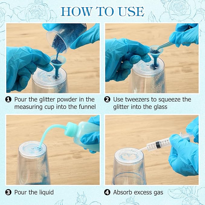 Baderke 20 Pcs Snow Globe Tumbler DIY Kit 16 oz Tumbler Squeeze Bottle, Glitter, Funnel Tweezer Silicone Cup Cradle Measuring Cup Glove Flashlight Buffer for Beginner(Blue,Cute)