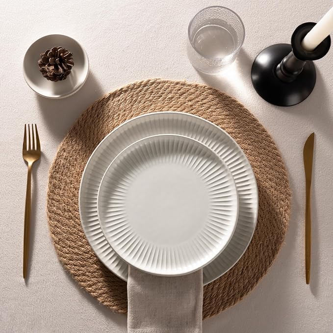 Famiware Starlight 24-Piece Plates and Bowls Sets for 8, Stoneware Dinnerware with Ribbed Textured, Handcrafted Reactive Glaze Dishes - Dishwasher & Microwave Safe, Chip/Scratch Resistant, Matte White