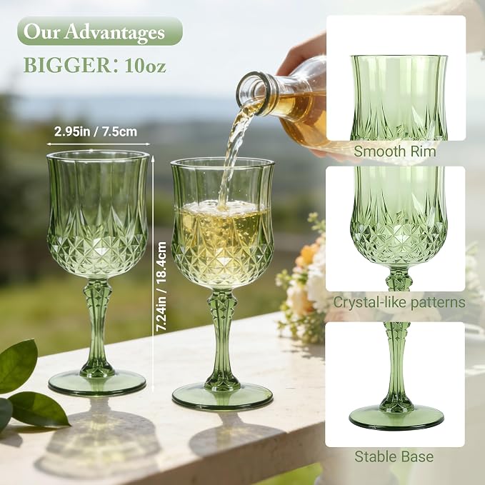 6 Pack Plastic Wine Glasses,10oz Unbreakable Vintage Style Goblets,Reusable Crystal Like Drinking Glass for Wedding Reception, Party Supplies (Sage Green)