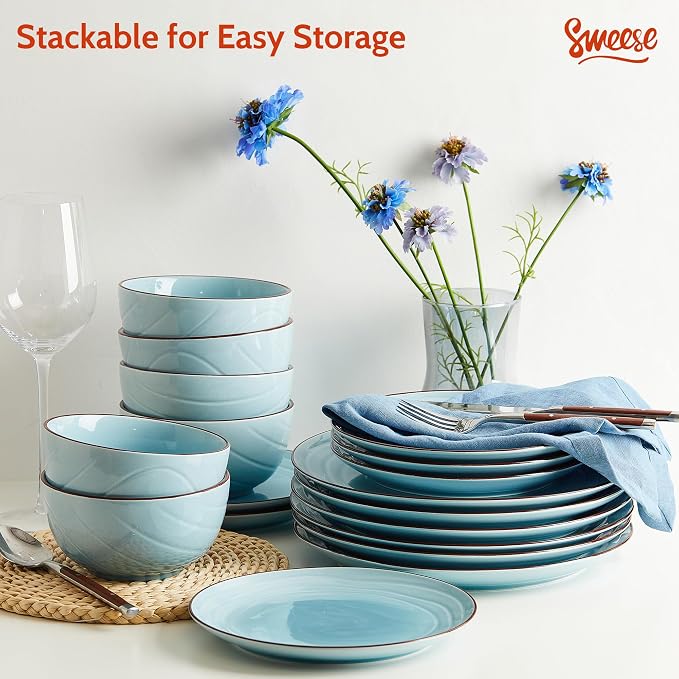 Sweese Porcelain Dinnerware Sets for 6, 18 Pieces Plates and Bowls Sets, Handcrafted Minimalist Dinner Set, Chip and Scratch Resistant Dish Set, Dishwasher & Microwave Safe, Gradient Blue