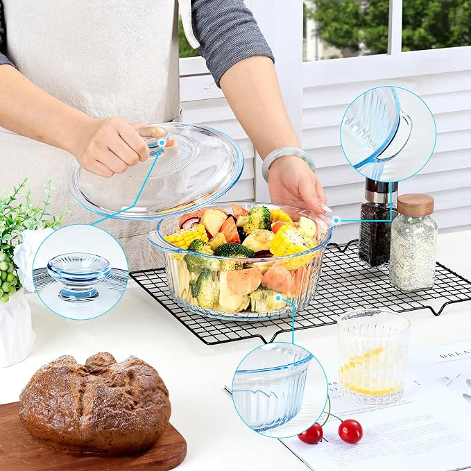 NUTRIUPS Glass Casserole Dish with Glass Lid, Borosilicate Glass,Casserole Dish for Oven, Baking Dish with Lid (2.4QT-ear)