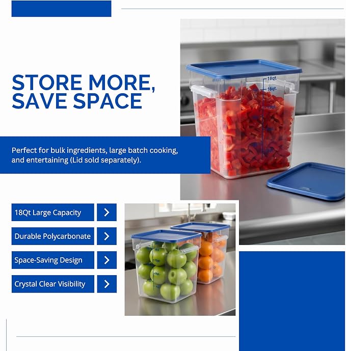 FSE 373-FC18C Food Container, 18 Qt Square Clear Storage Container with Measurement Markings, Stackable Space-Saving Design, Durable Construction, NSF, Lid Sold Separately