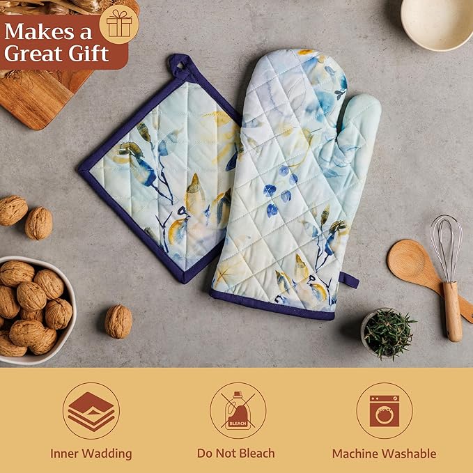 Maison d'Hermine Oven Gloves 100% Cotton Oven Mitt 7" x 13" with Loop Heat Resistant BBQ Cooking Gloves Baking Grilling Gifts for Mothers Day Spring/Summer (Pack of 1, Lazy Summer Days)