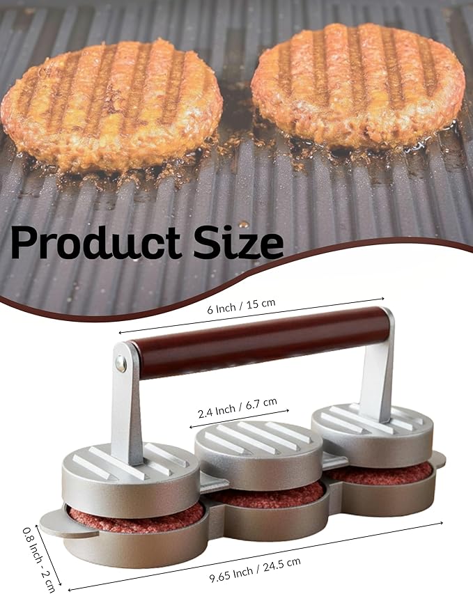 Boxiki Kitchen Mini Burger Press 3 Slot Slider Patty Maker for Hamburgers Veggie Burgers BBQ Compact Aluminum Press with Wooden Handle Dishwasher Safe Triple Patty Mold for Beef Turkey Sliders